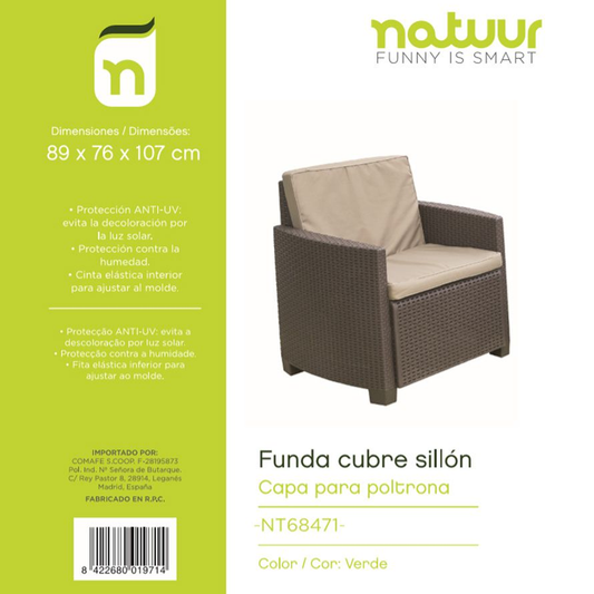 Funda protectora cubre sillón NATUUR 89x76x107 cm en PVC verde con protección UV y cinta elástica, ideal para muebles de jardín exterior.