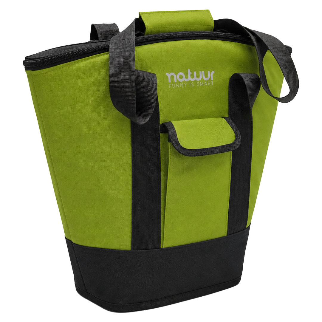 Nevera flexible tipo bolso Natuur de 15 litros en color verde y gris.