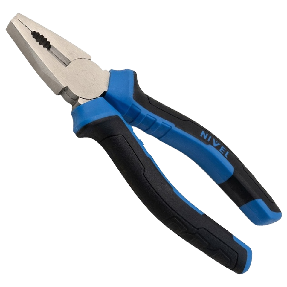 Alicate universal con cortante de 180 mm marca Nivel, con mango ergonómico bimaterial en colores distintivos.