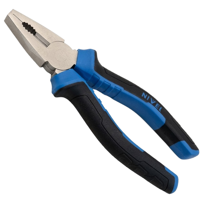 Alicate universal con cortante de 180 mm marca Nivel, con mango ergonómico bimaterial en colores distintivos.