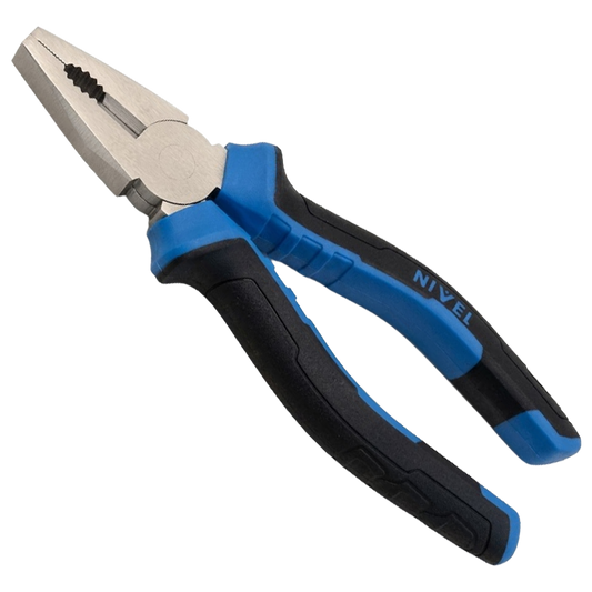 Alicate universal con cortante de 180 mm marca Nivel, con mango ergonómico bimaterial en colores distintivos.
