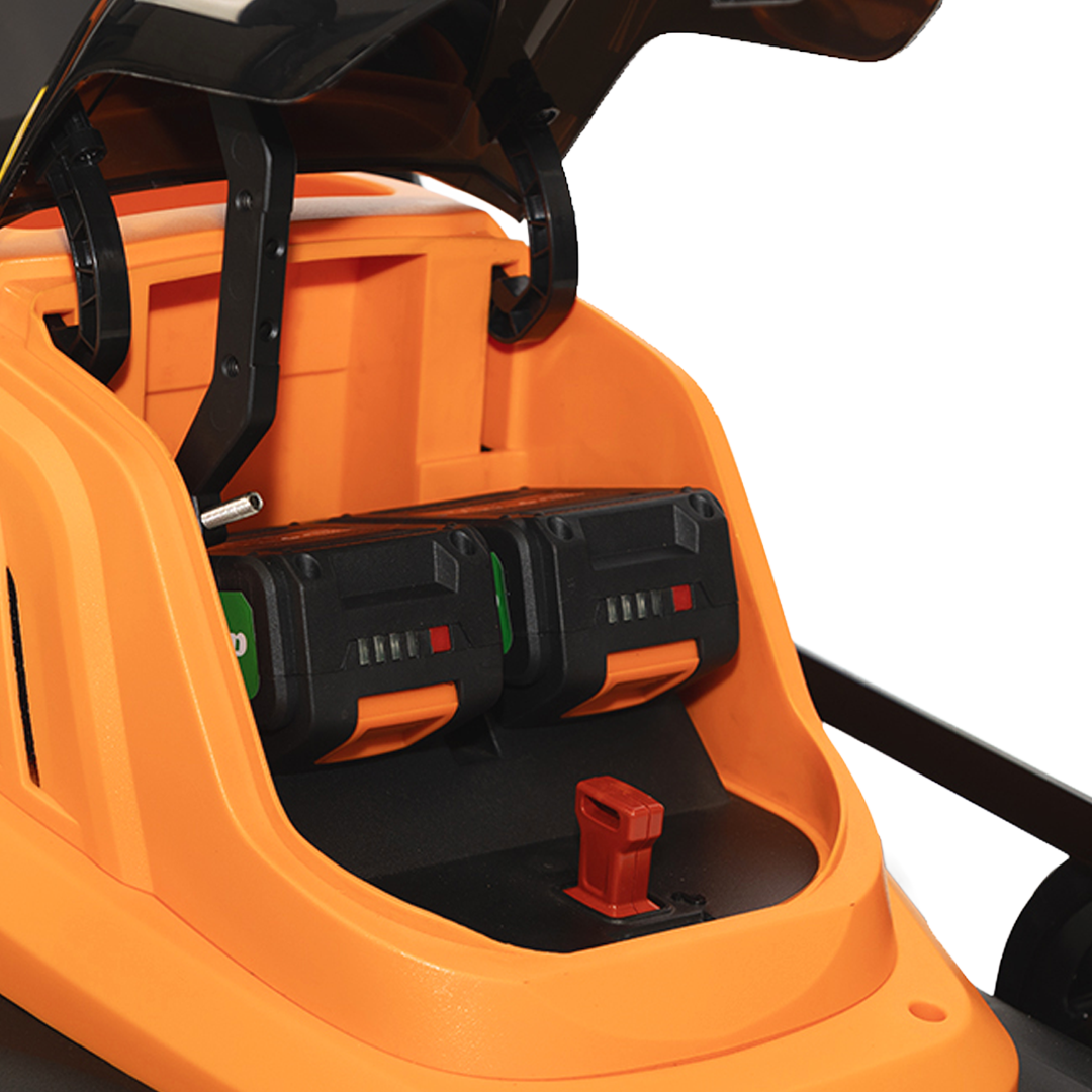 Juego de 2 baterías de 20V 4Ah y cargador doble incluidos con el cortacésped Anova.