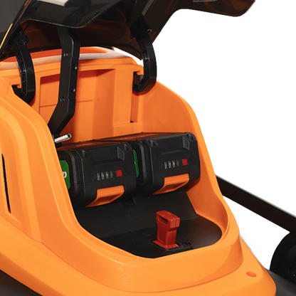 Juego de 2 baterías de 20V 4Ah y cargador doble incluidos con el cortacésped Anova.