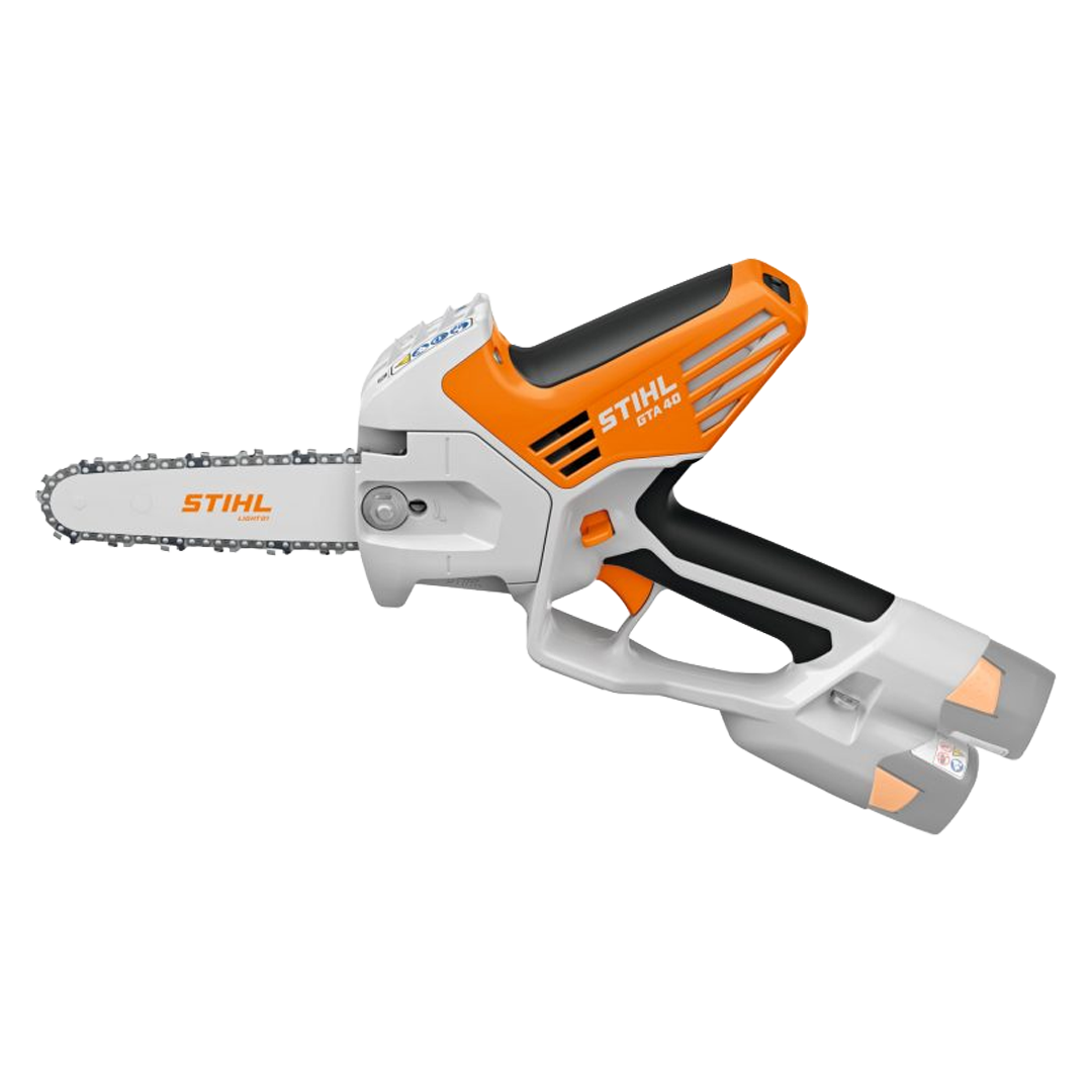Vista de la sierra de poda STIHL GTA 40 con sus 2 baterías AS 2 y cargador AL 5-2.
