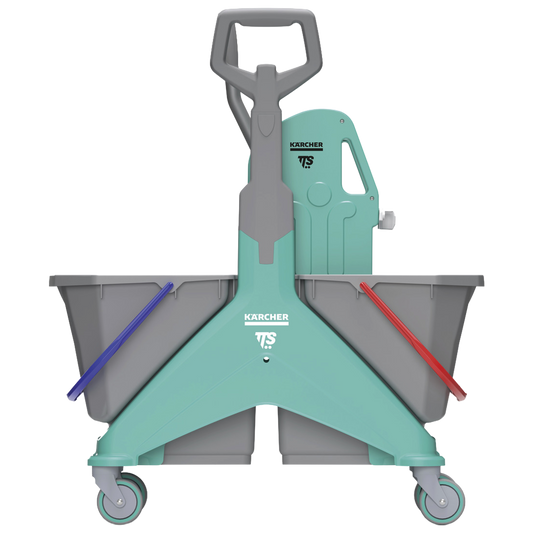 Carro de fregado industrial Premium Balde Doble con dos cubos de 25 litros, escurridor y ruedas con paragolpes.