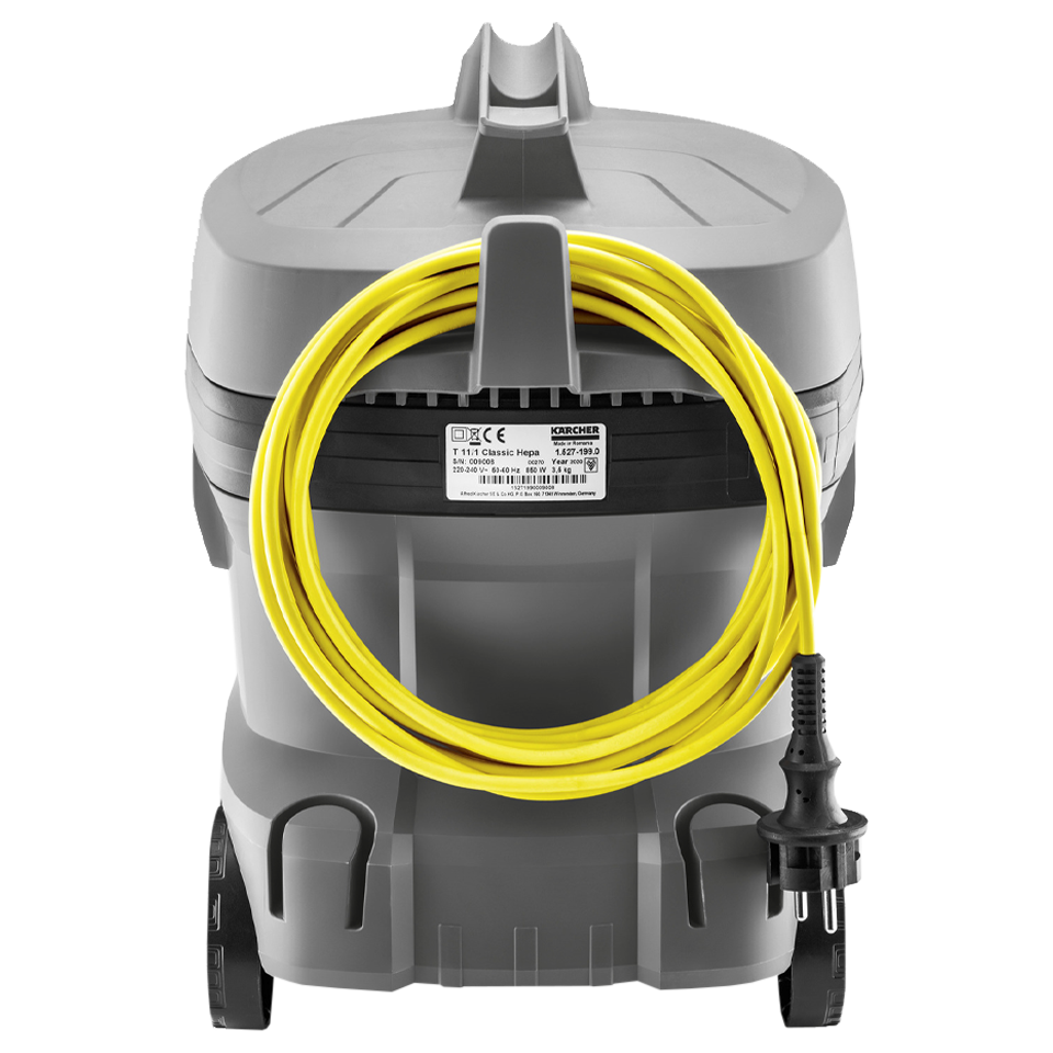 Aspirador en seco T 11/1 Classic compacto y robusto de 850 W, ligero y silencioso (61 dB), con depósito de 11 litros y uso profesional en hoteles y hospitales.