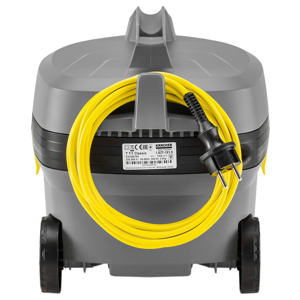 Aspirador en seco T 7/1 Classic compacto y ligero de 850 W, silencioso y profesional, con bolsa de filtro de fieltro y depósito de 7,5 litros.