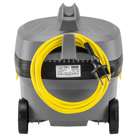 Aspirador en seco T 7/1 Classic compacto y ligero de 850 W, silencioso y profesional, con bolsa de filtro de fieltro y depósito de 7,5 litros.