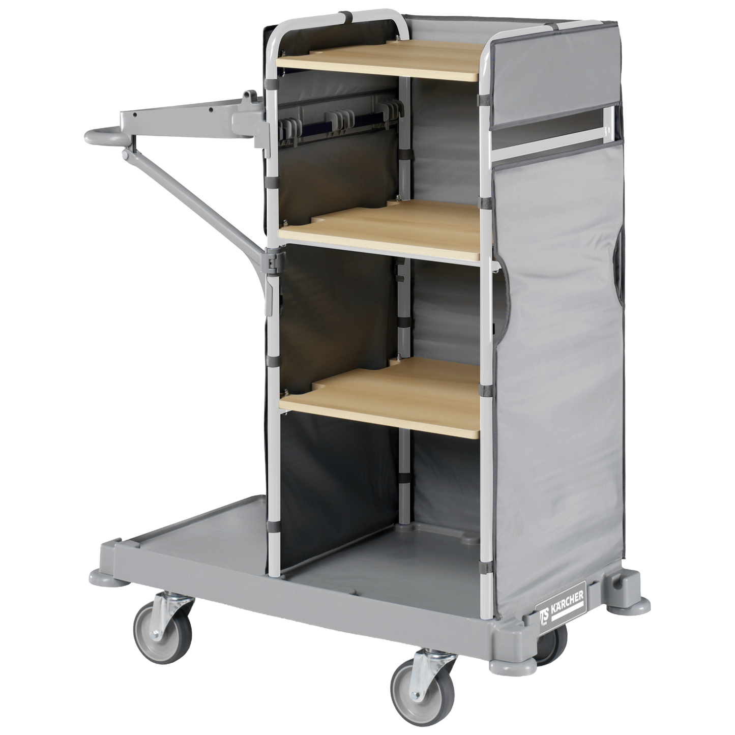 Carro de servicio hotelero Trolley Hotel Classic III con estructura de acero pintado y tres baldas de madera para lencería