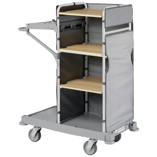 Carro de servicio hotelero Trolley Hotel Classic III con estructura de acero pintado y tres baldas de madera para lencería