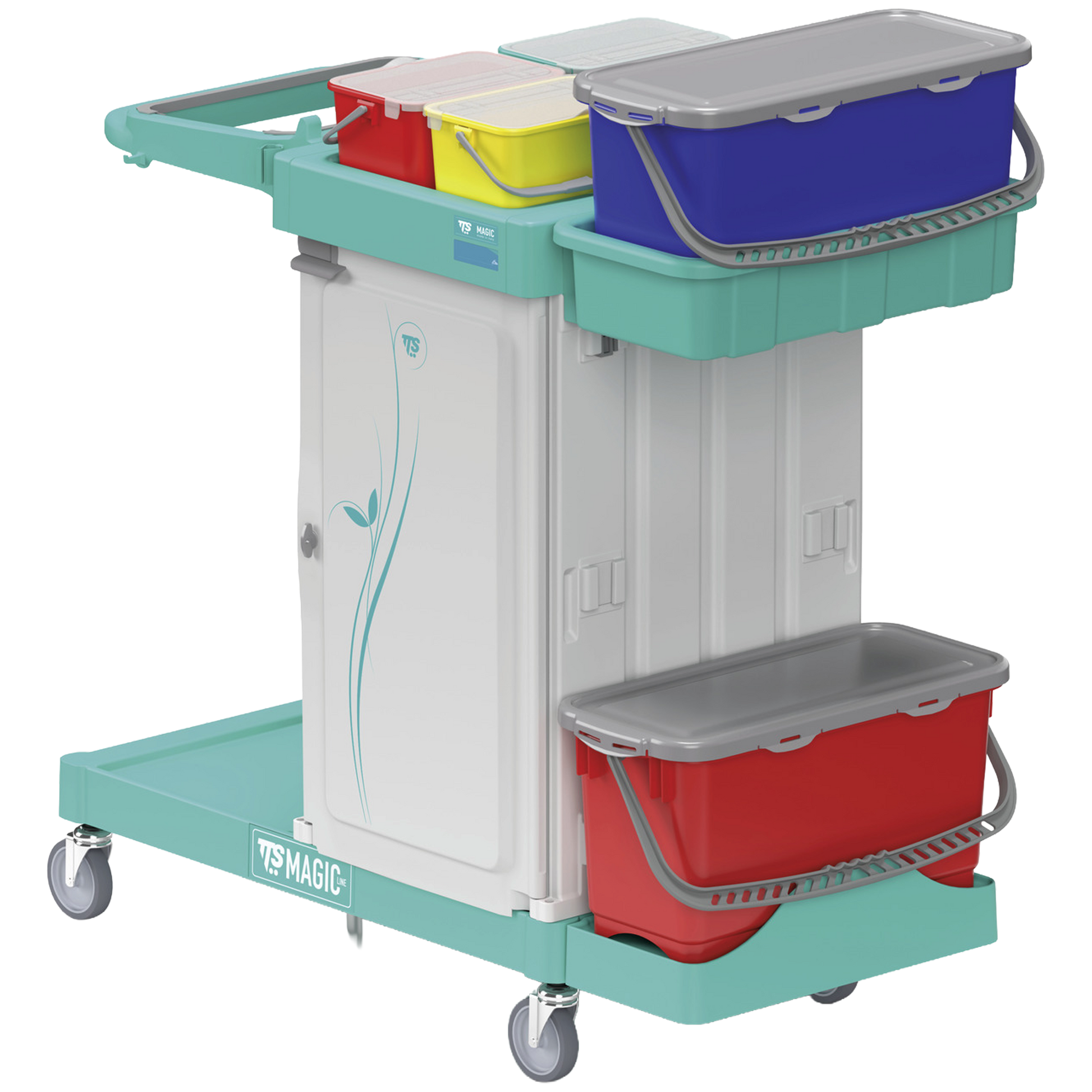 Carro de limpieza industrial modular Trolley Premium III con chasis de polipropileno y puertas de seguridad cerradas.