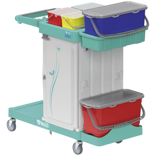 Carro de limpieza industrial modular Trolley Premium III con chasis de polipropileno y puertas de seguridad cerradas.