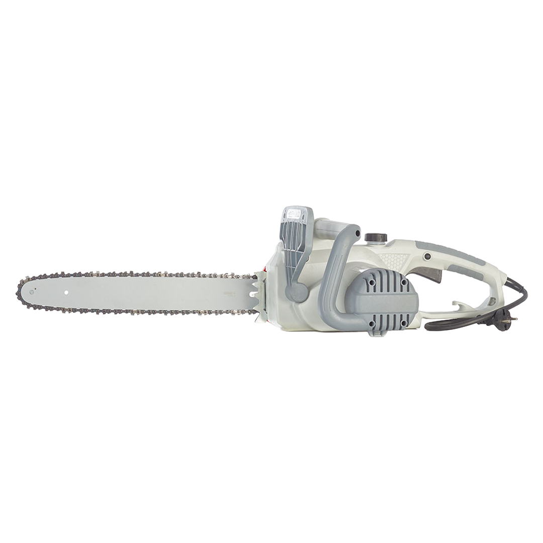 Detalle del motor eléctrico de 2200W y empuñadura ergonómica de la motosierra.