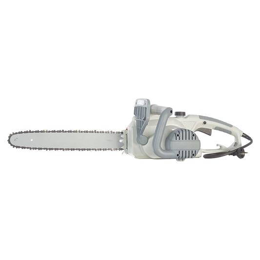 Detalle del motor eléctrico de 2200W y empuñadura ergonómica de la motosierra.