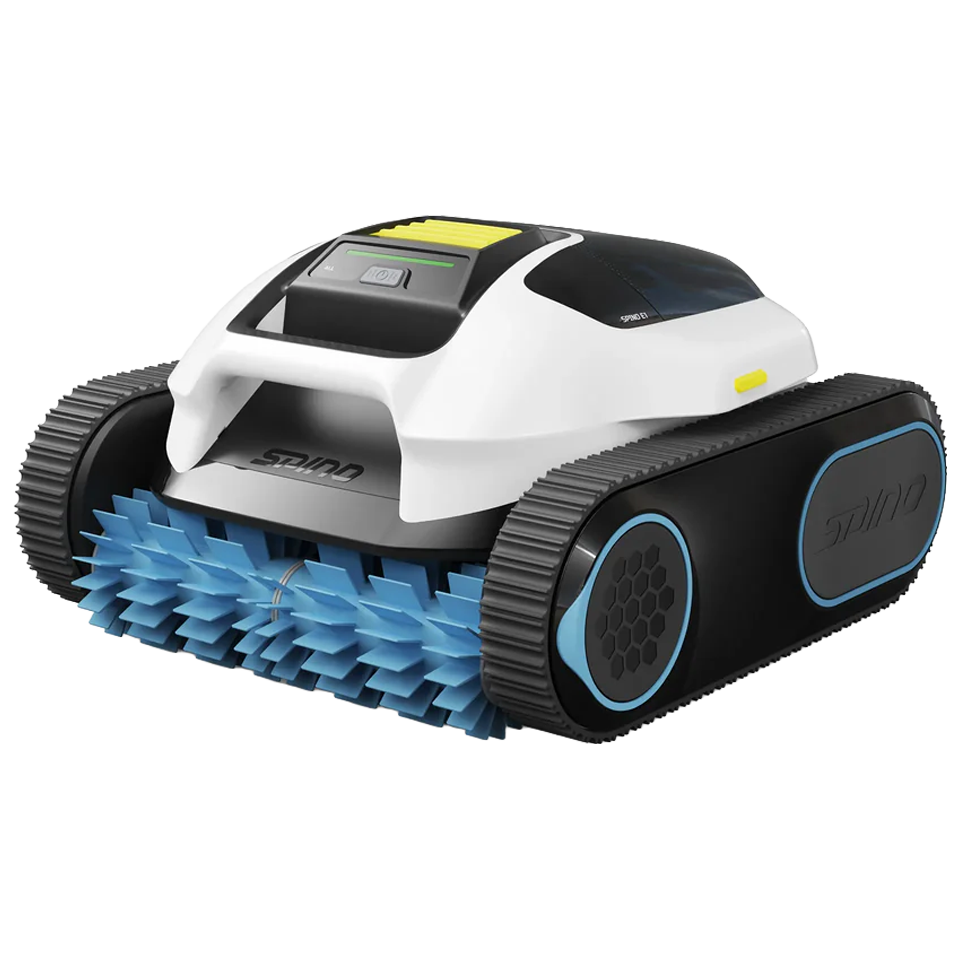 Dibujo técnico en perspectiva del robot de piscina SPINO E1 que muestra el cepillo de rodillo delantero, el mango de sujeción y las bandas de rodadura de oruga laterales