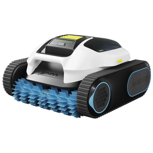 Dibujo técnico en perspectiva del robot de piscina SPINO E1 que muestra el cepillo de rodillo delantero, el mango de sujeción y las bandas de rodadura de oruga laterales