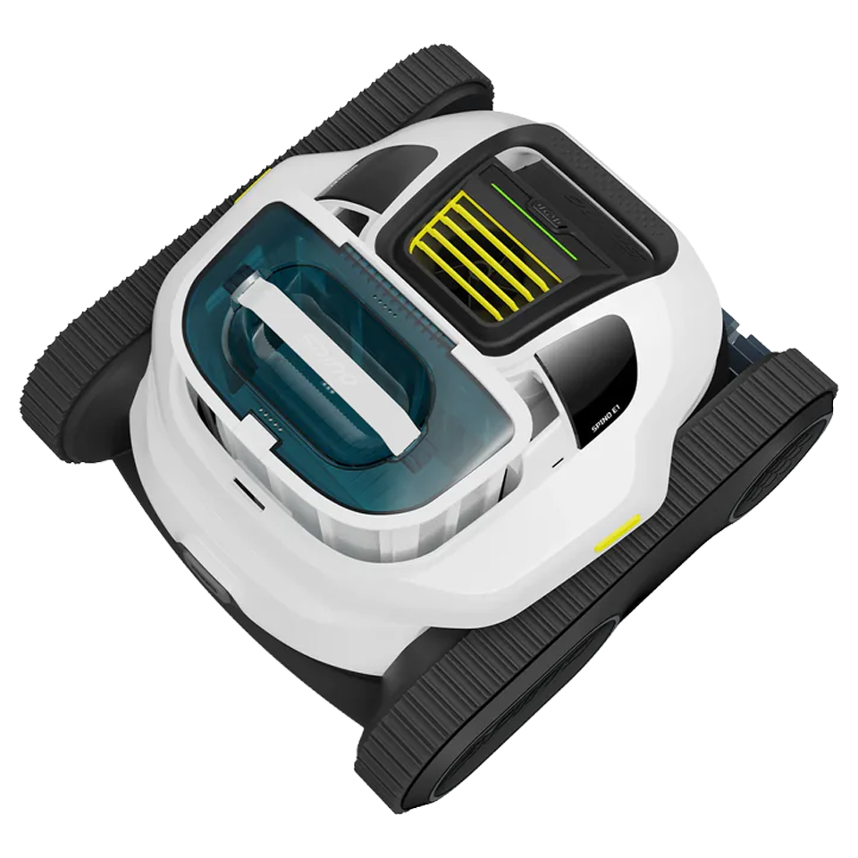Diagrama de instrucciones de carga del SPINO E1 conectado a la toma de corriente mediante su cargador con una señal de advertencia que prohíbe cargarlo bajo la lluvia