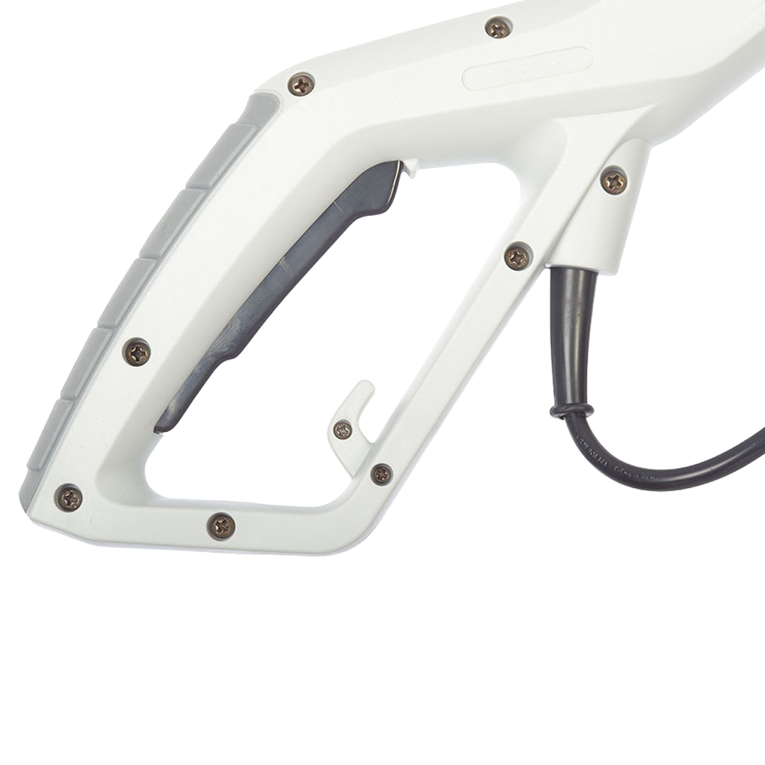 Detalle del motor eléctrico de 750W y empuñadura de control de la podadora.