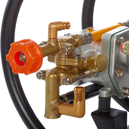 Detalle del motor de 2 tiempos y mandos de regulación del motopulverizador Anova.