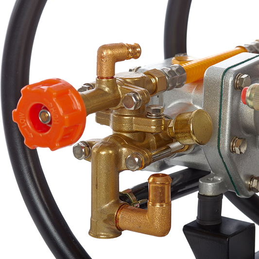 Detalle del motor de 2 tiempos y mandos de regulación del motopulverizador Anova.
