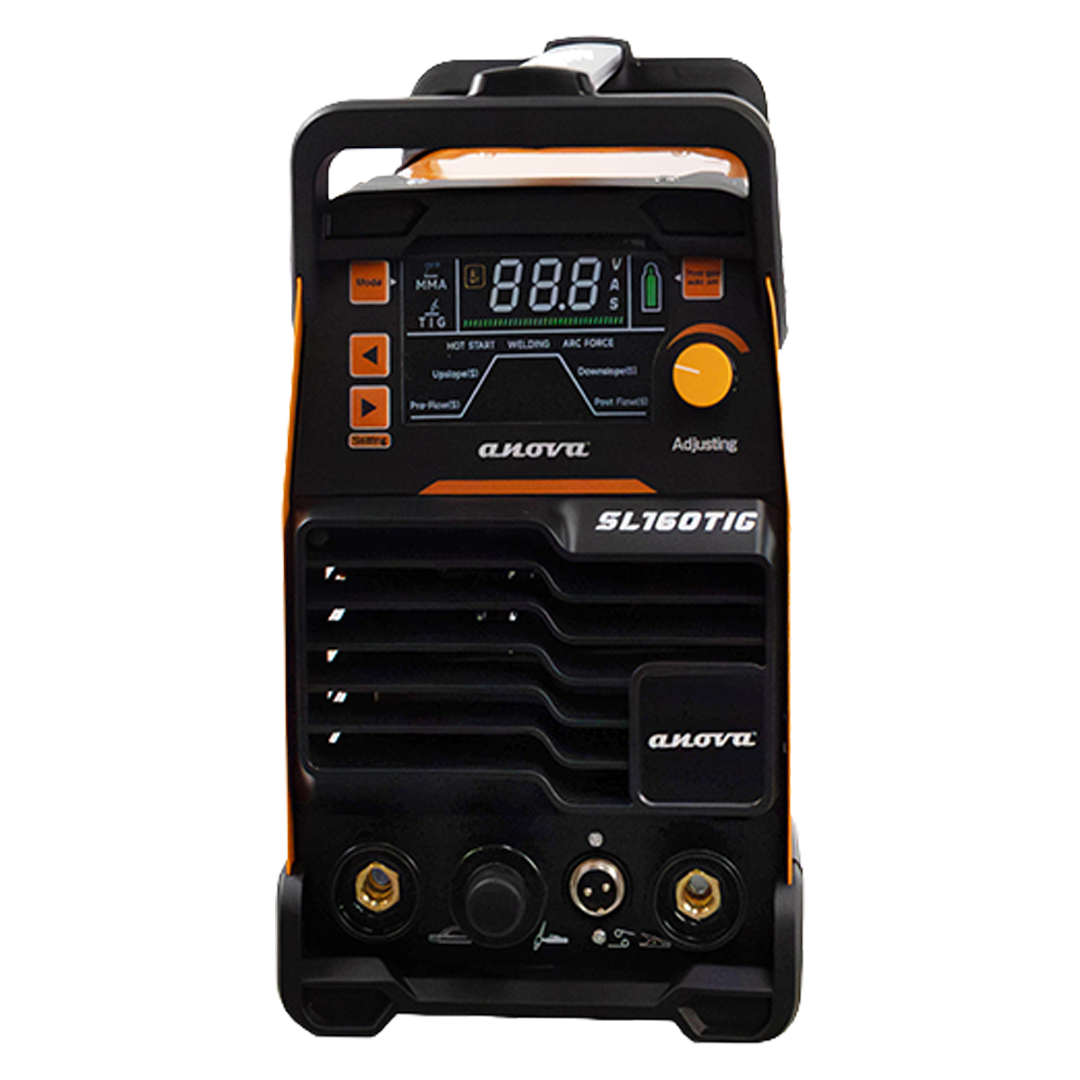 Panel frontal del equipo de soldadura inversor Anova SL160TIG de 160 amperes.