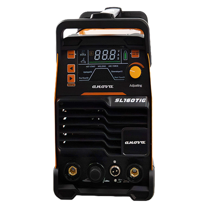 Panel frontal del equipo de soldadura inversor Anova SL160TIG de 160 amperes.