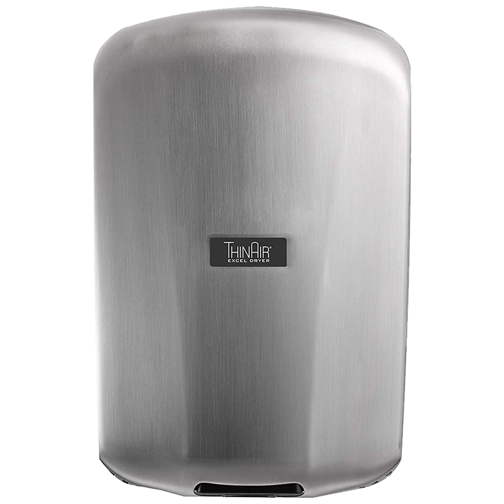 Secamanos ThinAir TA-SB de alta velocidad con cubierta de acero inoxidable satinado, perfil ultradelgado de 10 cm, ideal para baños públicos y espacios de alto tráfico.