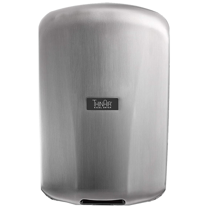 Secamanos ThinAir TA-SB de alta velocidad con cubierta de acero inoxidable satinado, perfil ultradelgado de 10 cm, ideal para baños públicos y espacios de alto tráfico.