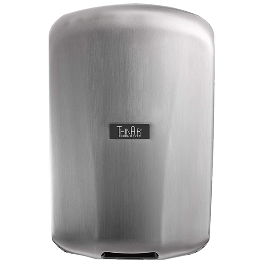 Secamanos ThinAir TA-SB de alta velocidad con cubierta de acero inoxidable satinado, perfil ultradelgado de 10 cm, ideal para baños públicos y espacios de alto tráfico.
