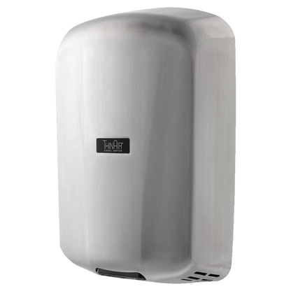 Secamanos ThinAir TA-SB de alta velocidad con cubierta de acero inoxidable satinado, perfil ultradelgado de 10 cm, ideal para baños públicos y espacios de alto tráfico.