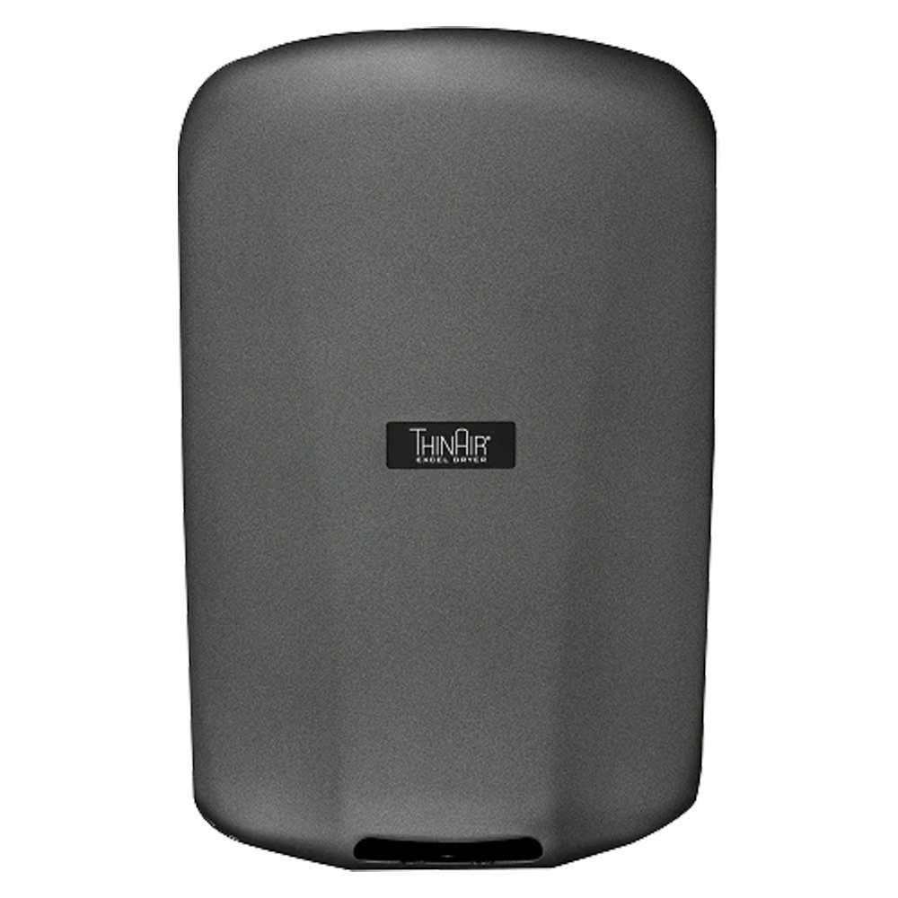 Secamanos ThinAir TA-GR de alta velocidad con cubierta metálica acabado grafito, perfil ultradelgado de 10 cm, ideal para baños públicos y espacios de alto tráfico.