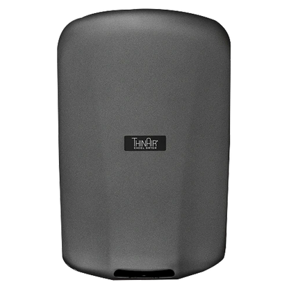 Secamanos ThinAir TA-GR de alta velocidad con cubierta metálica acabado grafito, perfil ultradelgado de 10 cm, ideal para baños públicos y espacios de alto tráfico.