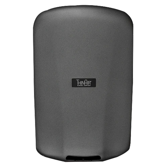 Secamanos ThinAir TA-GR de alta velocidad con cubierta metálica acabado grafito, perfil ultradelgado de 10 cm, ideal para baños públicos y espacios de alto tráfico.