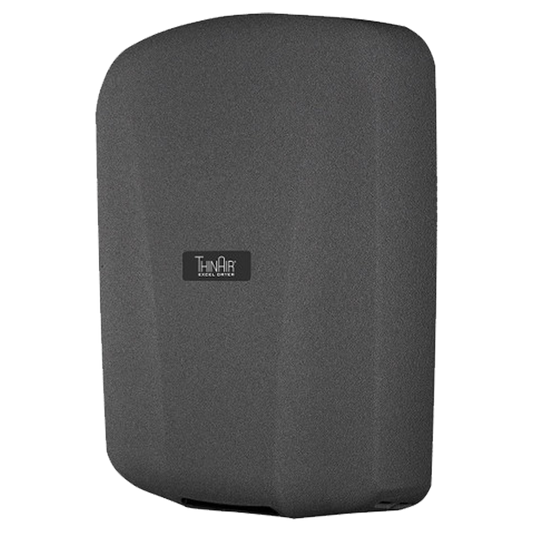 Secamanos ThinAir TA-GR de alta velocidad con cubierta metálica acabado grafito, perfil ultradelgado de 10 cm, ideal para baños públicos y espacios de alto tráfico.