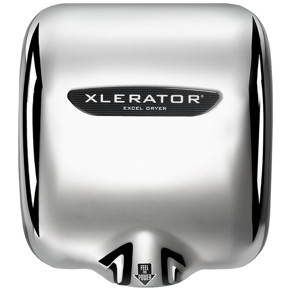 Secamanos XLERATOR XL-C de alta velocidad con cubierta metálica cromada alto brillo, diseño antivandálico, ideal para baños públicos y espacios de alto tráfico.