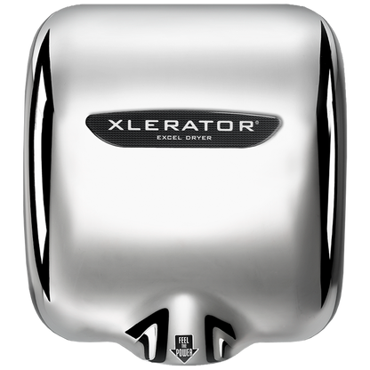 Secamanos XLERATOR XL-C de alta velocidad con cubierta metálica cromada alto brillo, diseño antivandálico, ideal para baños públicos y espacios de alto tráfico.