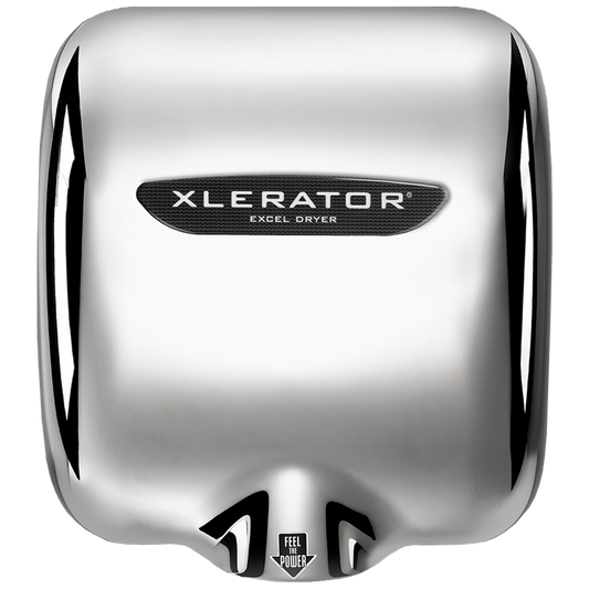 Secamanos XLERATOR XL-C de alta velocidad con cubierta metálica cromada alto brillo, diseño antivandálico, ideal para baños públicos y espacios de alto tráfico.