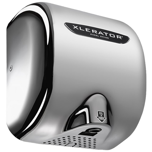 Secamanos XLERATOR XL-C de alta velocidad con cubierta metálica cromada alto brillo, diseño antivandálico, ideal para baños públicos y espacios de alto tráfico.