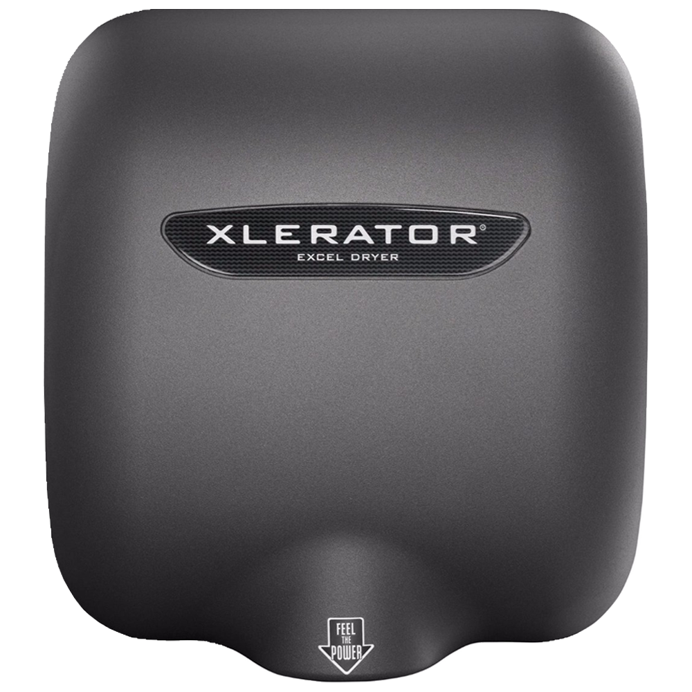 Secamanos XLERATOR XL-GR de alta velocidad con cubierta metálica acabado grafito, diseño antivandálico y sin contacto, ideal para baños públicos y espacios de alto tráfico.