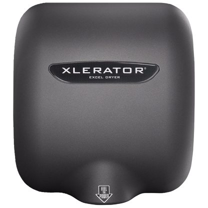 Secamanos XLERATOR XL-GR de alta velocidad con cubierta metálica acabado grafito, diseño antivandálico y sin contacto, ideal para baños públicos y espacios de alto tráfico.