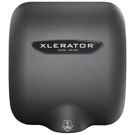 Secamanos XLERATOR XL-GR de alta velocidad con cubierta metálica acabado grafito, diseño antivandálico y sin contacto, ideal para baños públicos y espacios de alto tráfico.