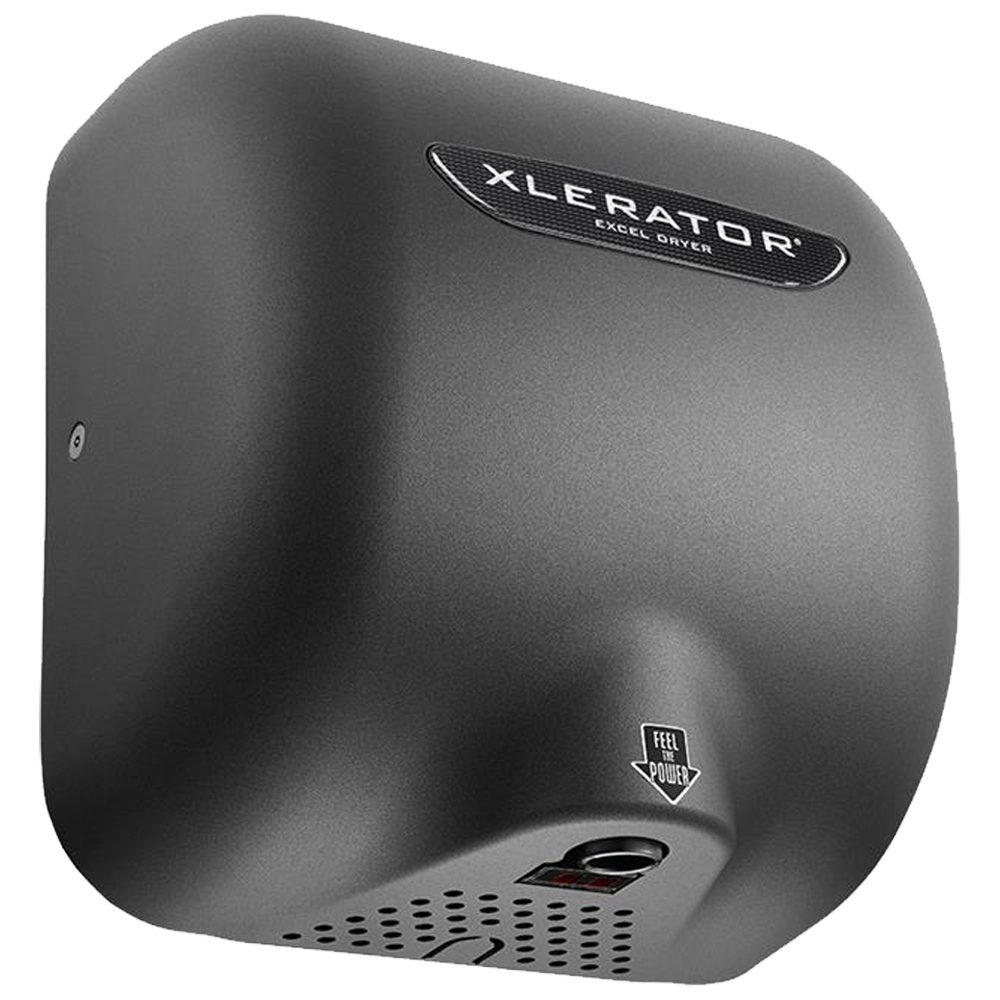 Secamanos XLERATOR XL-GR de alta velocidad con cubierta metálica acabado grafito, diseño antivandálico y sin contacto, ideal para baños públicos y espacios de alto tráfico.
