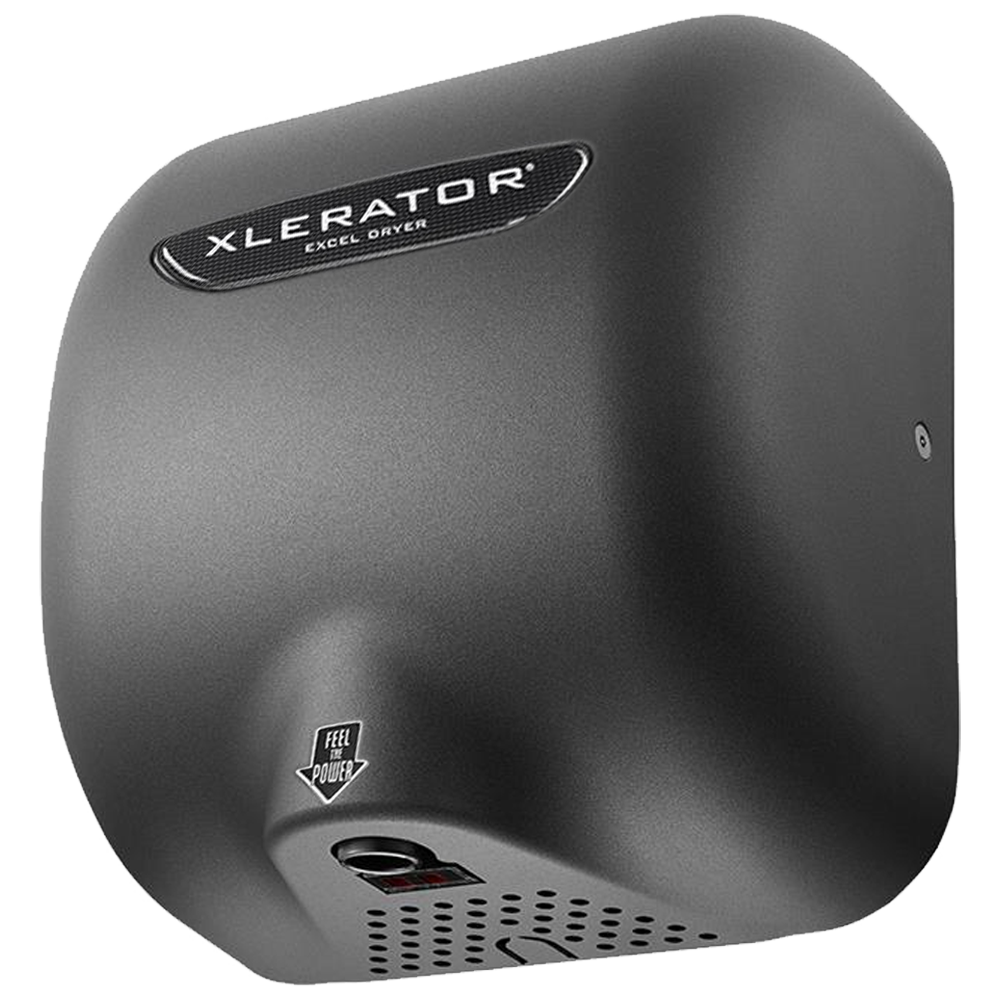 Secamanos XLERATOR XL-GR de alta velocidad con cubierta metálica acabado grafito, diseño antivandálico y sin contacto, ideal para baños públicos y espacios de alto tráfico.