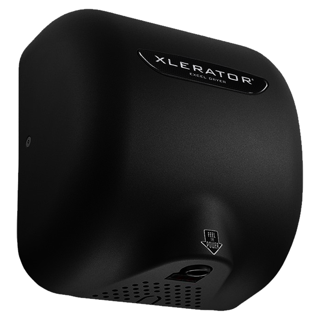 Vista lateral del secamanos antivandálico Xlerator en acabado Raven Black.