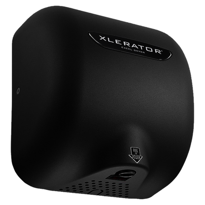 Vista lateral del secamanos antivandálico Xlerator en acabado Raven Black.