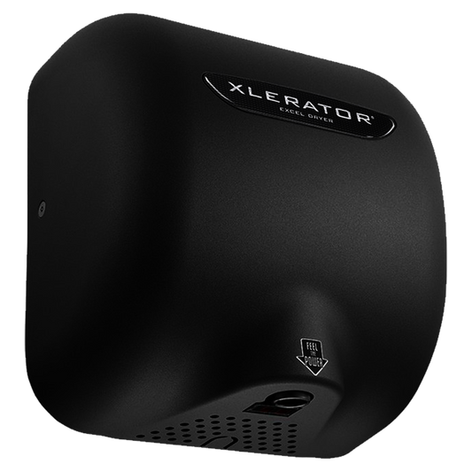 Vista lateral del secamanos antivandálico Xlerator en acabado Raven Black.