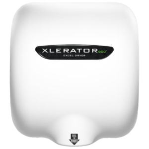 XLERATOReco XL-W-ECO de alta velocidad con cubierta metálica epoxi blanca, tecnología sin calor de 500 W y bajo consumo, ideal para baños públicos sostenibles.