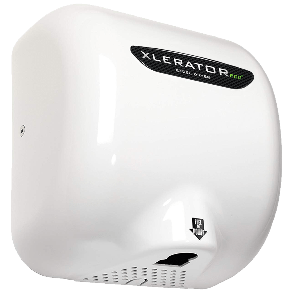 XLERATOReco XL-W-ECO de alta velocidad con cubierta metálica epoxi blanca, tecnología sin calor de 500 W y bajo consumo, ideal para baños públicos sostenibles.