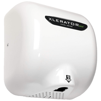 XLERATOReco XL-W-ECO de alta velocidad con cubierta metálica epoxi blanca, tecnología sin calor de 500 W y bajo consumo, ideal para baños públicos sostenibles.