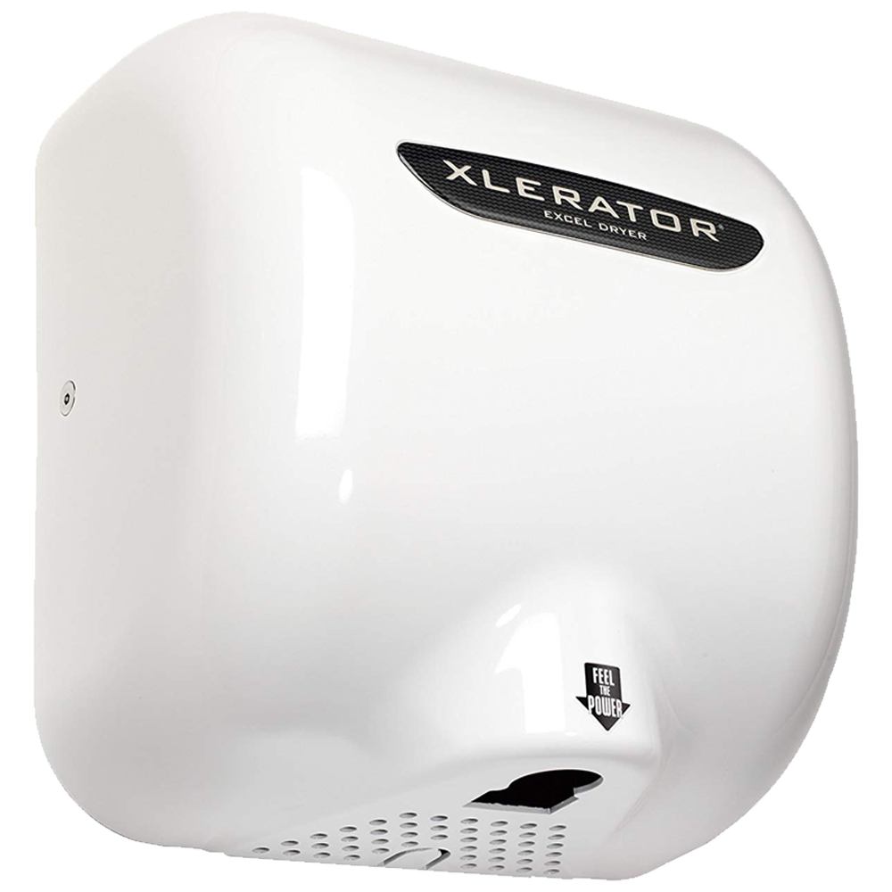 Vista lateral del secamanos anti-vandálico Xlerator en acabado epoxi blanco.